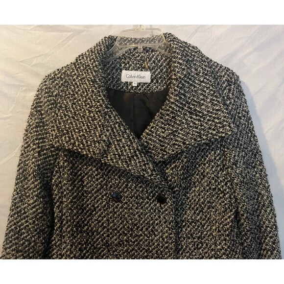 CALVIN KLEIN Black & White Boucle Wool Blend Double Breasted Belted Coat 12 - Picture 4 of 9